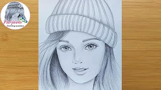 How to draw a girl wearing winter cap for beginners  Pencil sketch  bir kız nasıl çizilir [upl. by Neenej]