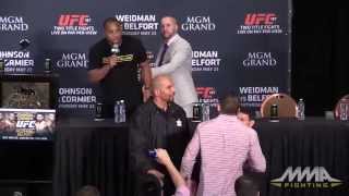 Daniel Cormier Ryan Bader Clash at UFC 187 PostFight Press Conference [upl. by Naujed]