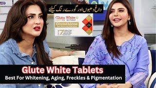 Gluta White Tablets Review by Fiza Ali  Skin Whitening tablets in Nida Yasir Show [upl. by Grimbly]