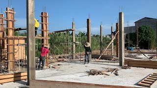 Concrete Column Construction Process  Traditional Timber Formwork  Reinforcement  Shuttering Work [upl. by Gnilyam]