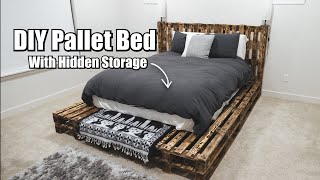 DIY Pallet Bed With Hidden Storage [upl. by Nehttam]