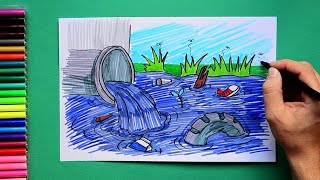 How to draw water pollution  industrial waste or sewage dumped in river [upl. by Euqcaj115]