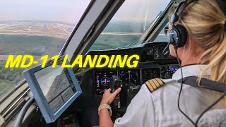 Female Pilot Landing MD 11 Cockpit View Lufthansa [upl. by Katrine]