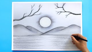 How to Draw a simple Landscape  Easy Pencil Drawing [upl. by Joao]