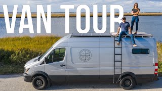 DIY VAN TOUR  FullTime Travel Couple  Shower Roof Deck and Convertible Bed  Van Life [upl. by Jolie]