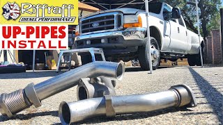 2001 F350 73  RiffRaff UpPipes Install  Stock up pipes leaking and falling apart JUNK SP [upl. by Limoli]