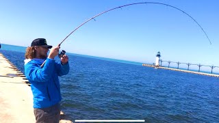 Pier Fishing Lake Michigan SALMON  Unexpected MASSIVE CATCH [upl. by Assereht]