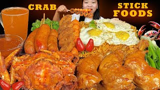 Stick Food Mukbang  Eating Super Spicy Noodles  Chicken Adobo  Fried Crab  Fish Ball  Sausages [upl. by Ayikahs]