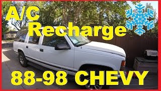 How To Recharge AC Chevy Truck Silverado Suburban Jonny DIY [upl. by Ellerehs]