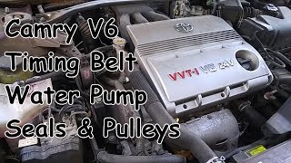 Toyota Camry V6 3MZFE Timing Belt Water Pump Seals amp Pulleys Replacement [upl. by Anyela]