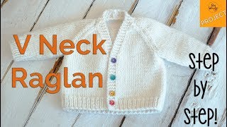 How to knit a Baby VNeck Raglan Cardigan step by step  Part 2 [upl. by Ahcatan]