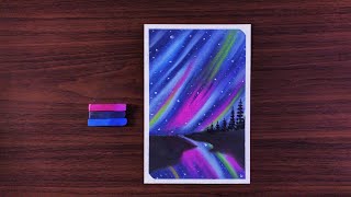 Northern LightsAurora Night Sky River Reflection Scenery Easy Soft Pastels Drawing for beginners [upl. by Rusert818]